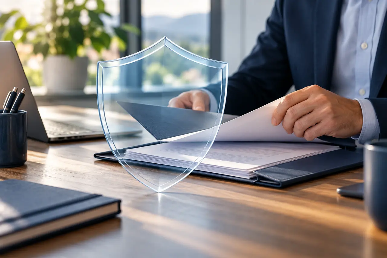 Business insurance documentation represented with a protective shield