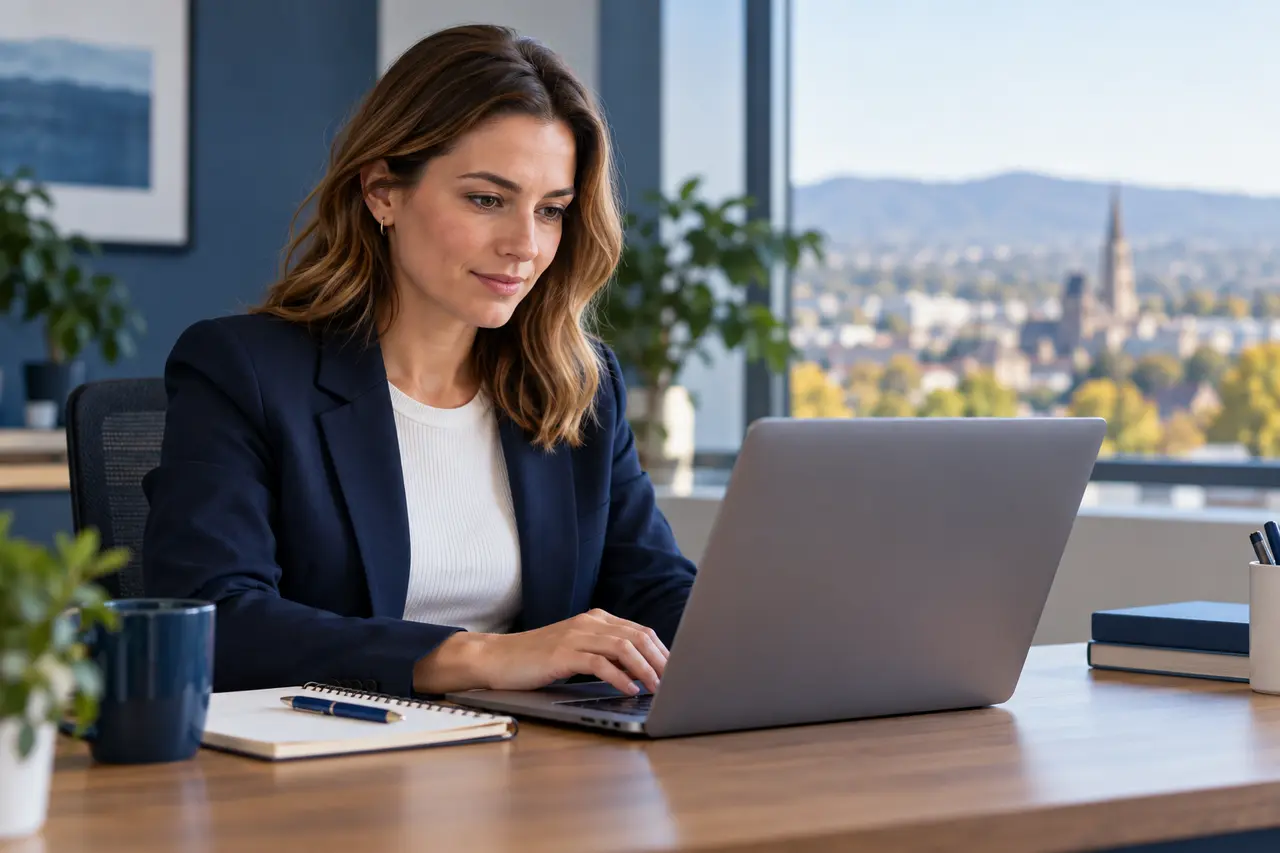 Professional completing workplace training on a laptop